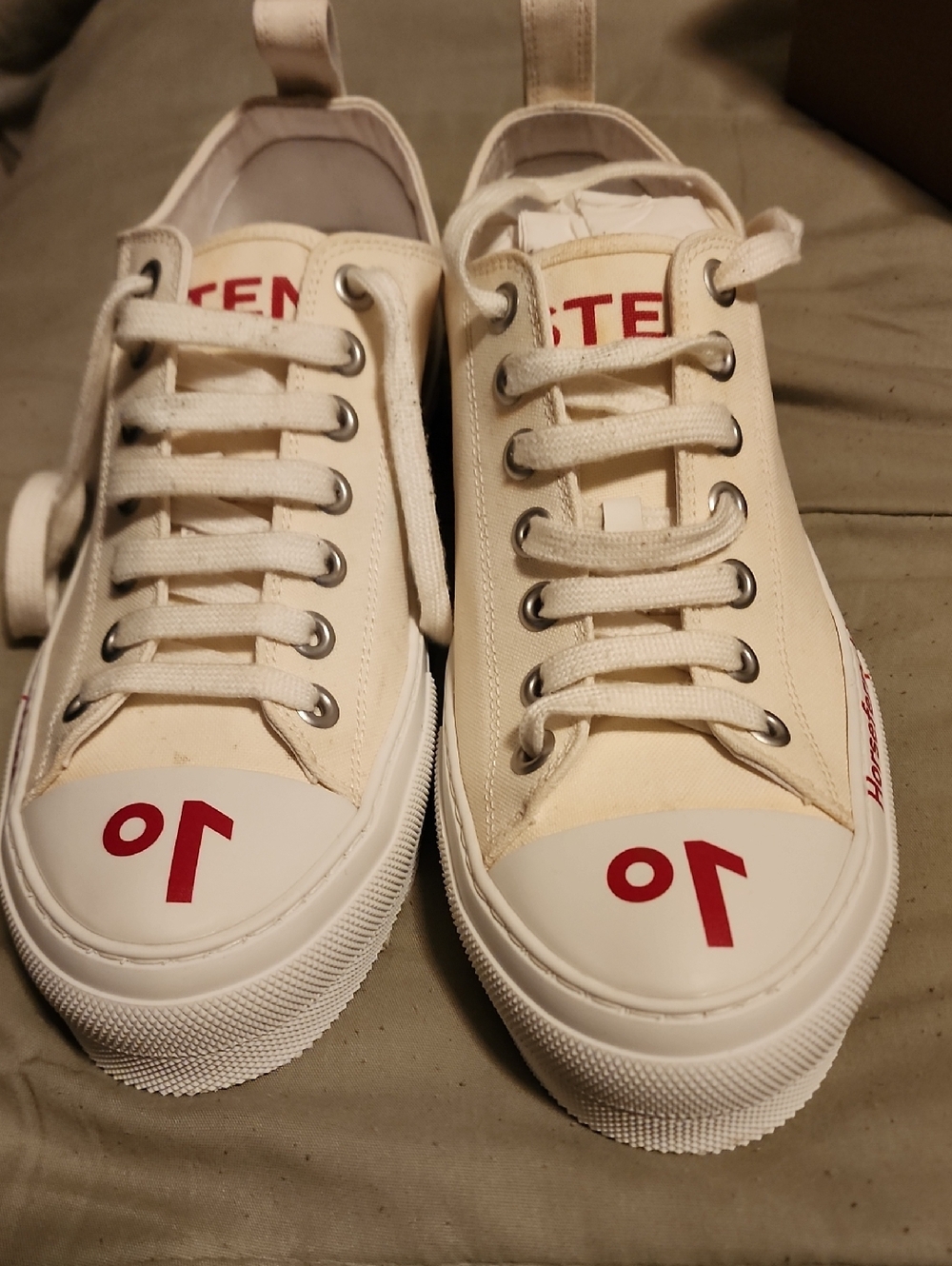 Burberry Cream White Low-Top Athletic Sneakers with Red Logo
